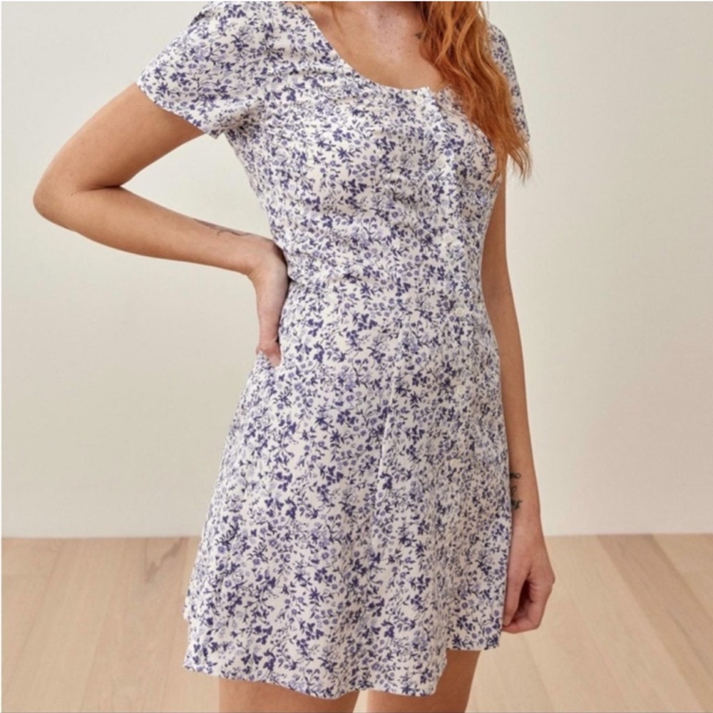 Reformation Floral Mini Dress in Blue and White